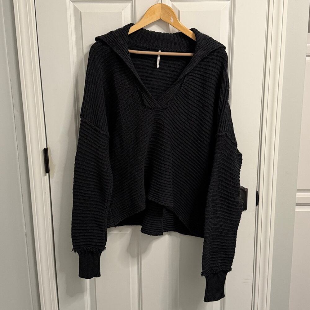 FREE PEOPLE Marlie Pullover Thick Black Sweater Polo Collared Sweater Size L - Picture 2 of 6